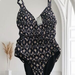 Chic Black and Cream Patterned One Piece Swimsuit
